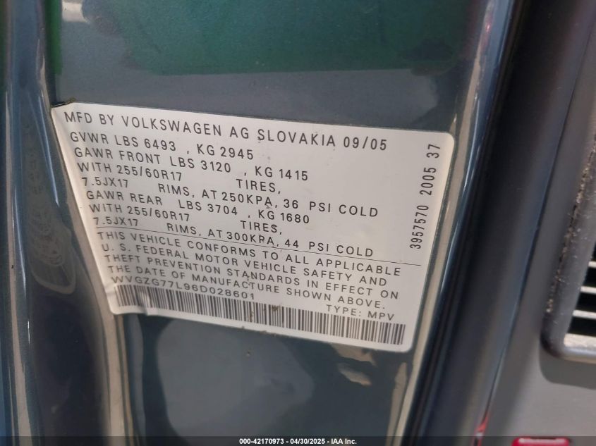 2006 Volkswagen Touareg V6 VIN: WVGZG77L96D028601 Lot: 42170973