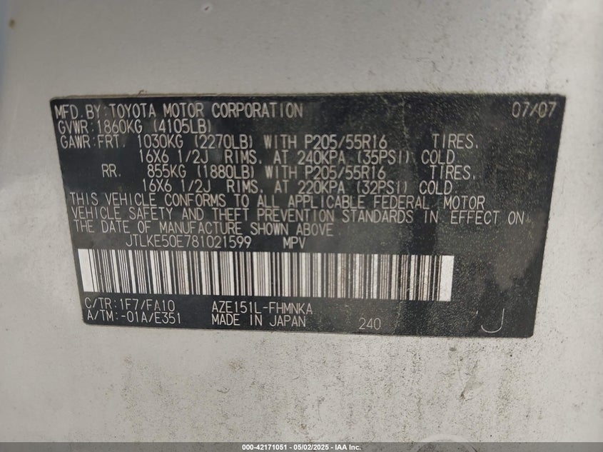 2008 SCION XB VIN: JTLKE50E781021599