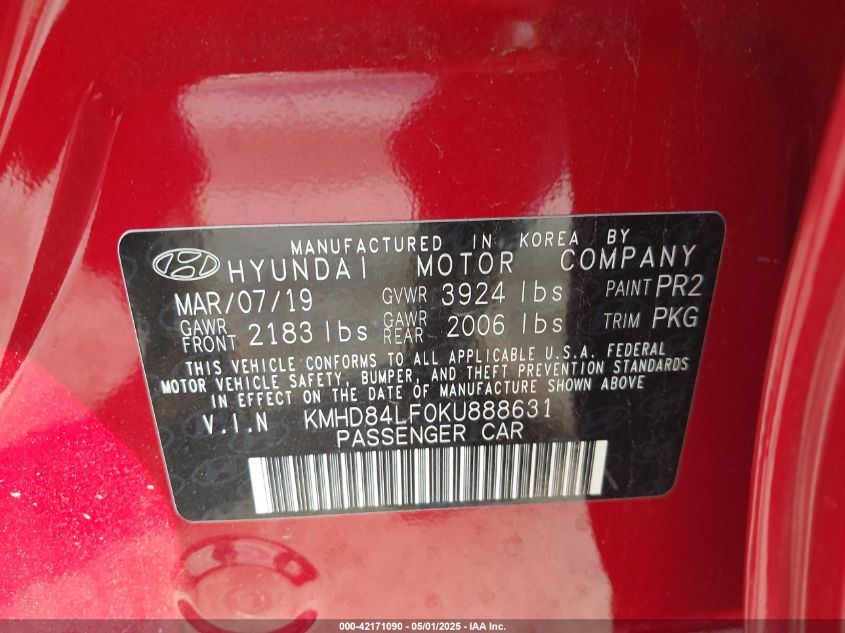 2019 Hyundai Elantra Sel VIN: KMHD84LF0KU888631 Lot: 42171090