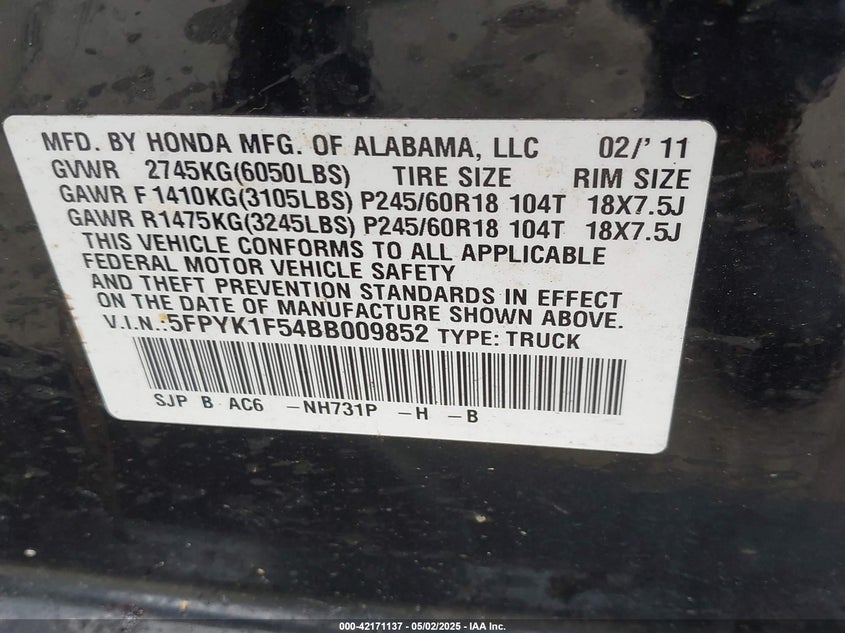 2011 HONDA RIDGELINE VIN: 5FPYK1F54BB009852