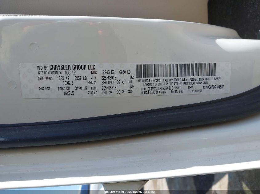 2013 Dodge Grand Caravan Sxt VIN: 2C4RDGCG6DR524312 Lot: 42171189