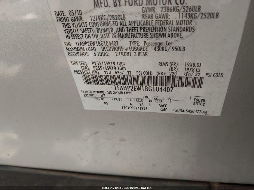 2011 Ford Taurus Sel VIN: 1FAHP2EW1BG104407 Lot: 42171233