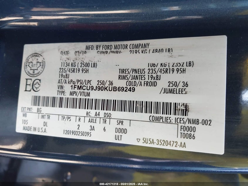 2019 FORD ESCAPE VIN: 1FMCU9J90KUB69249
