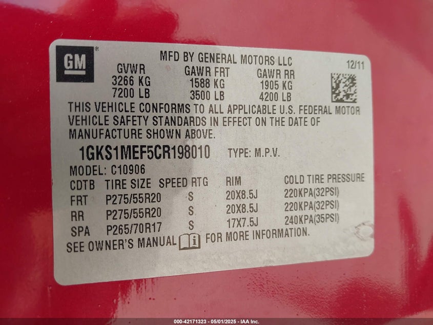 2012 GMC YUKON XL 1500 VIN: 1GKS1MEF5CR198010