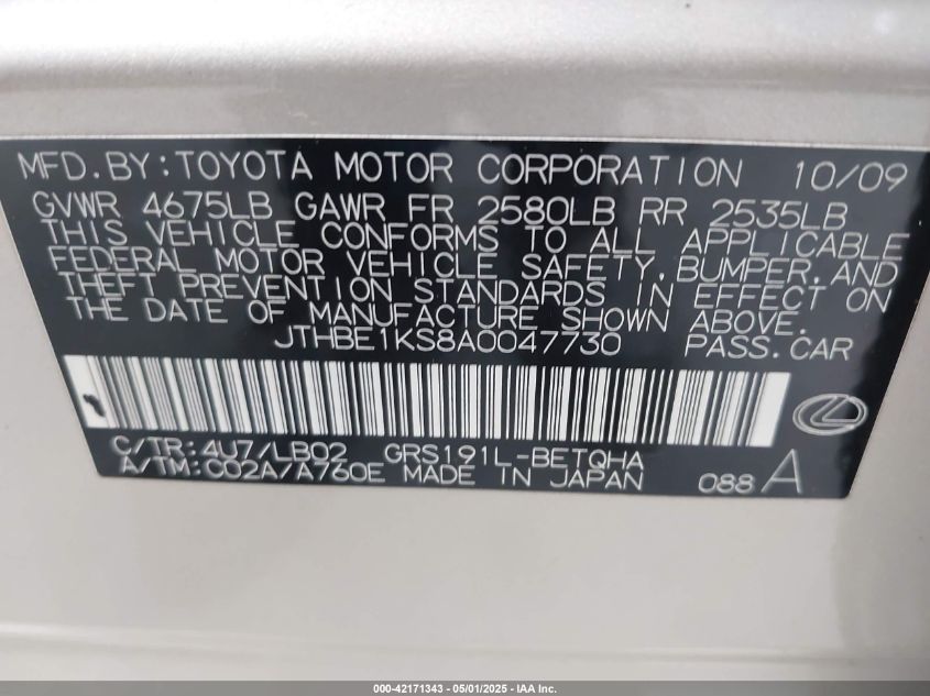 2010 Lexus Gs 350 VIN: JTHBE1KS8A0047730 Lot: 42171343