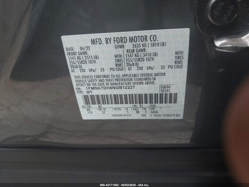2022 FORD EXPLORER VIN: 1FMSK7DH8NGB12227