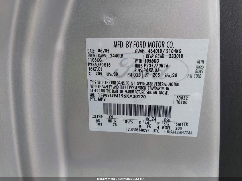 2006 FORD ESCAPE VIN: 1FMYU94196KA30220