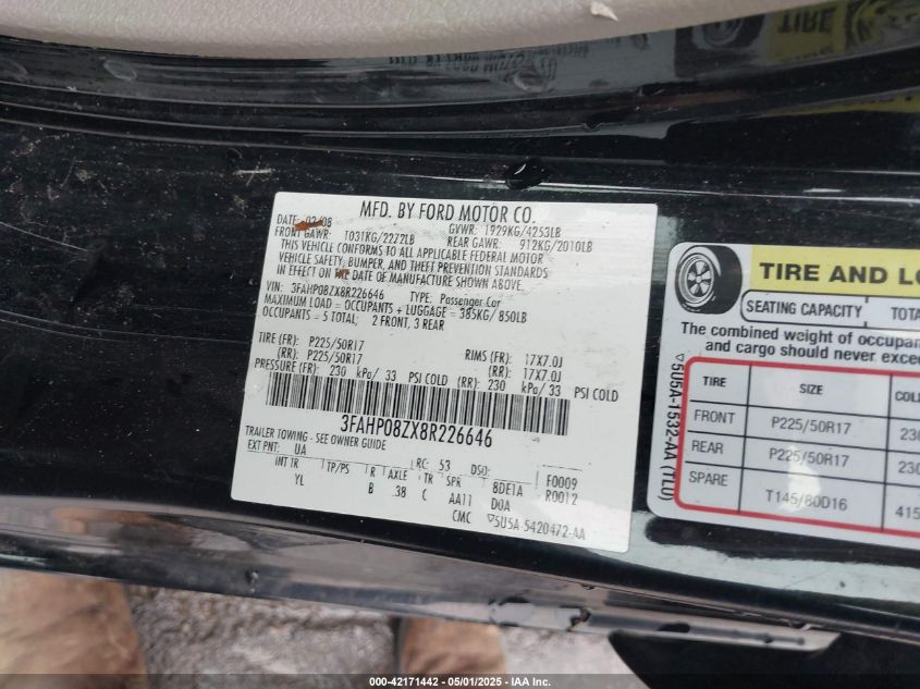 2008 Ford Fusion Sel VIN: 3FAHP08ZX8R226646 Lot: 42171442