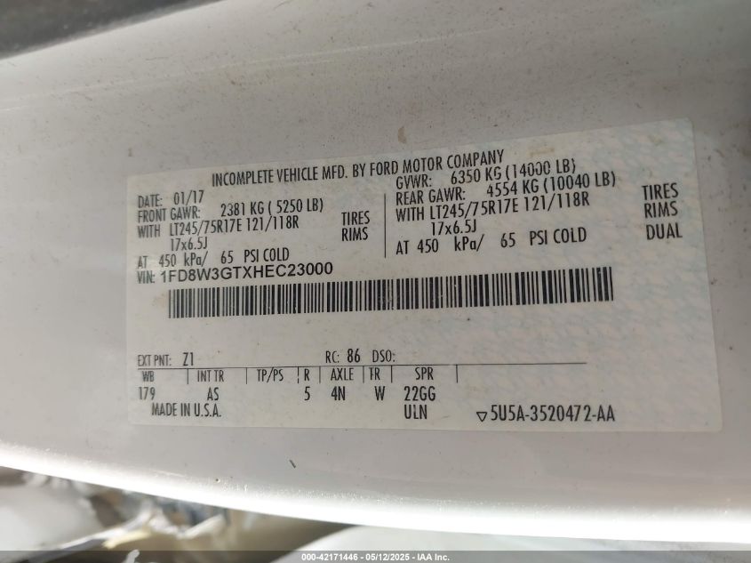 2017 Ford F-350 Chassis Xl VIN: 1FD8W3GTXHEC23000 Lot: 42171446