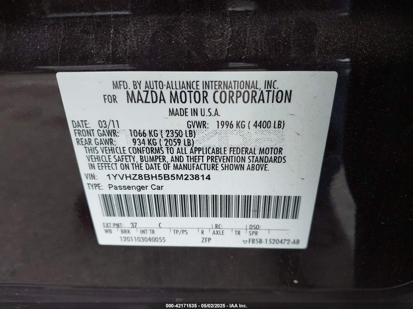 2011 MAZDA 6 VIN: 1YVHZ8BH5B5M23814