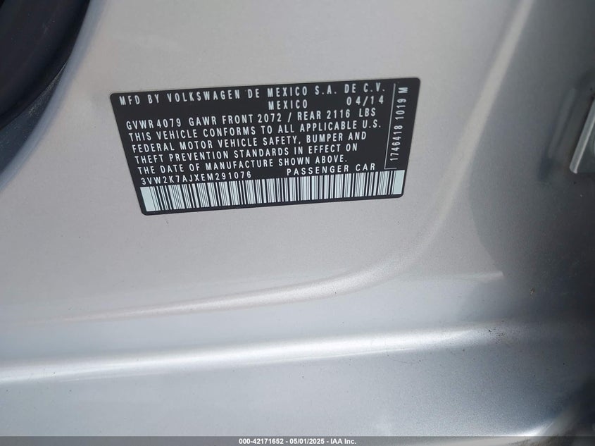2014 VOLKSWAGEN JETTA VIN: 3VW2K7AJXEM291076