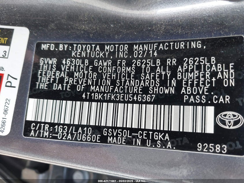 2014 TOYOTA CAMRY XLE V6 - 4T1BK1FK3EU546367