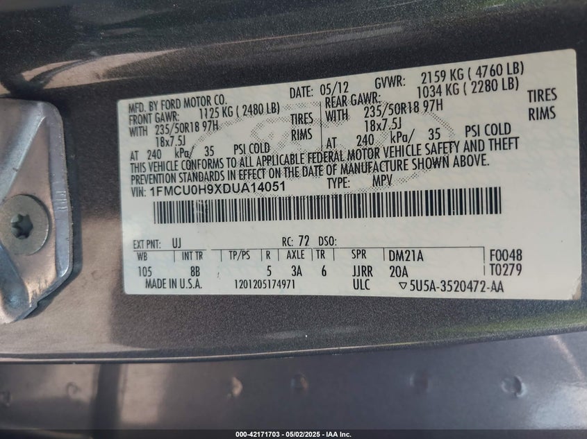 2013 FORD ESCAPE VIN: 1FMCU0H9XDUA14051