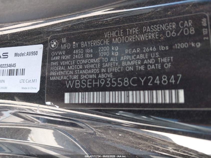 2008 BMW M6 VIN: WBSEH93558CY24847 Lot: 42171734