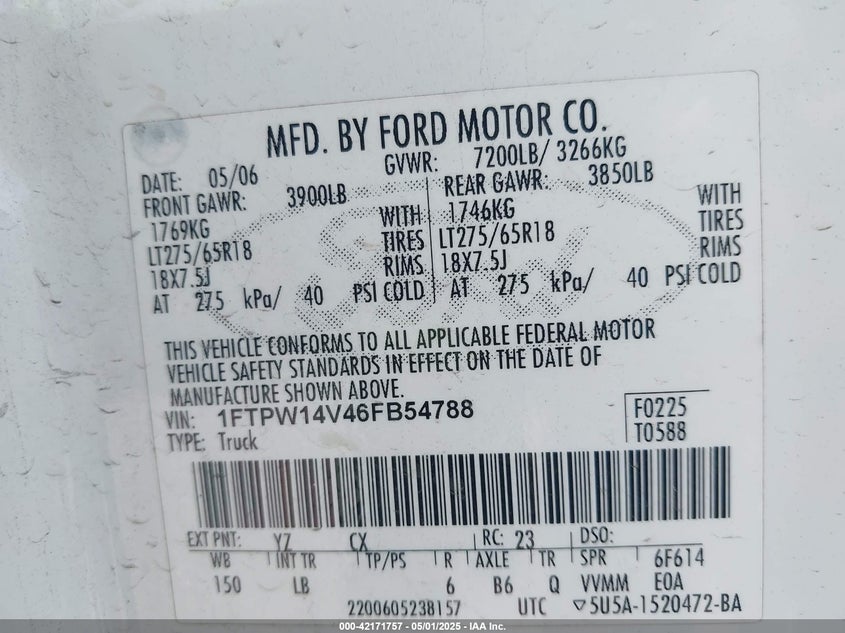 2006 FORD F-150 VIN: 1FTPW14V46FB54788