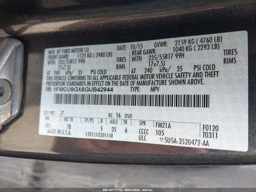 2016 FORD ESCAPE VIN: 1FMCU9GX8GUB42944