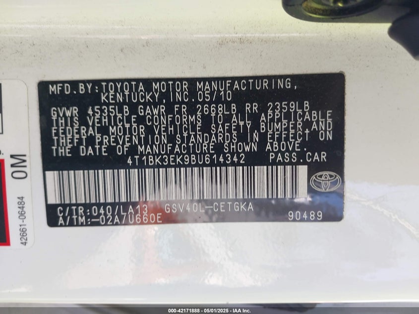 2011 TOYOTA CAMRY VIN: 4T1BK3EK9BU614342