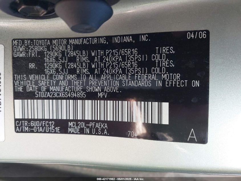 2006 Toyota Sienna Le VIN: 5TDZA23CX6S494895 Lot: 42171982