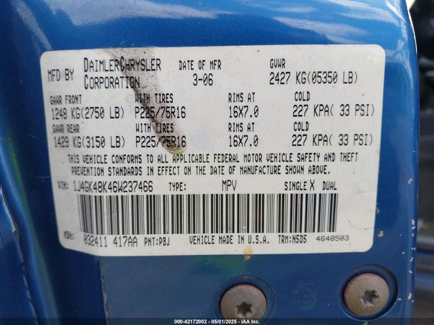 2006 Jeep Liberty Sport VIN: 1J4GK48K46W237466 Lot: 42172002