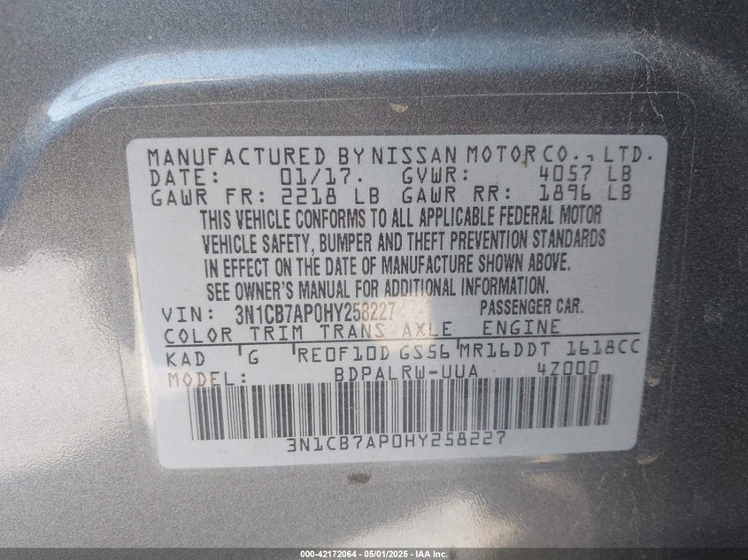 2017 NISSAN SENTRA VIN: 3N1CB7AP0HY258227