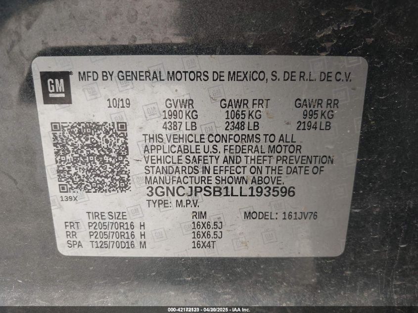 2020 Chevrolet Trax Awd Lt VIN: 3GNCJPSB1LL193596 Lot: 42172123