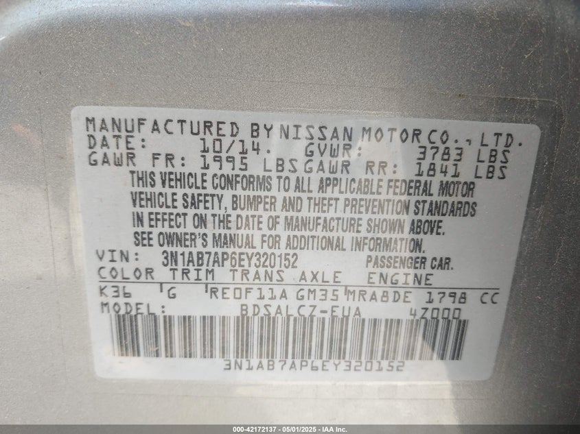 2014 NISSAN SENTRA VIN: 3N1AB7AP6EY320152
