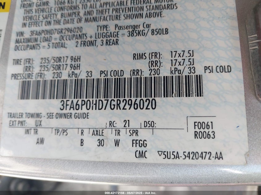 2016 FORD FUSION VIN: 3FA6P0HD7GR296020