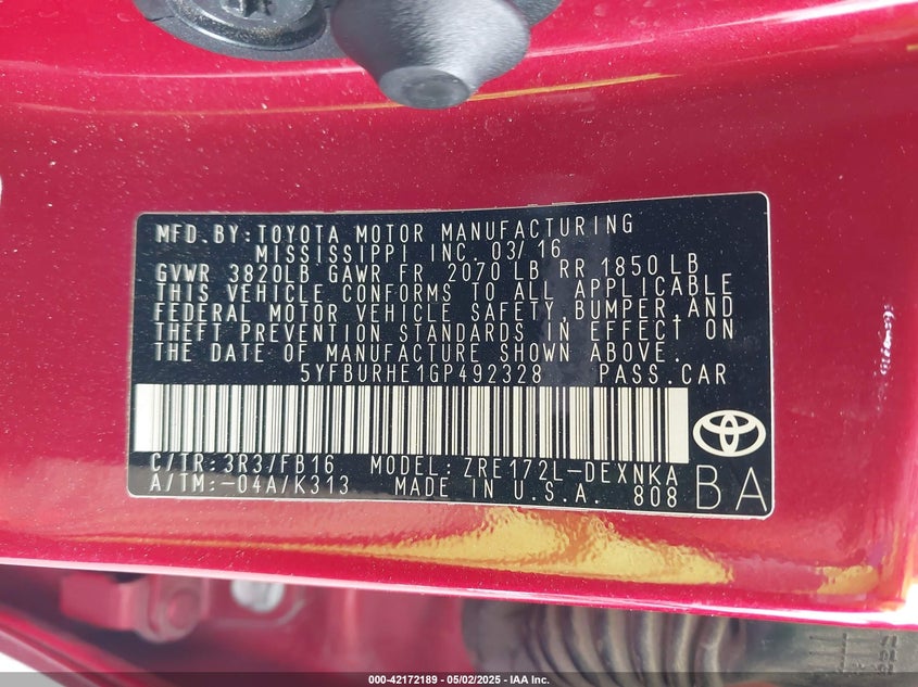 2016 TOYOTA COROLLA VIN: 5YFBURHE1GP492328