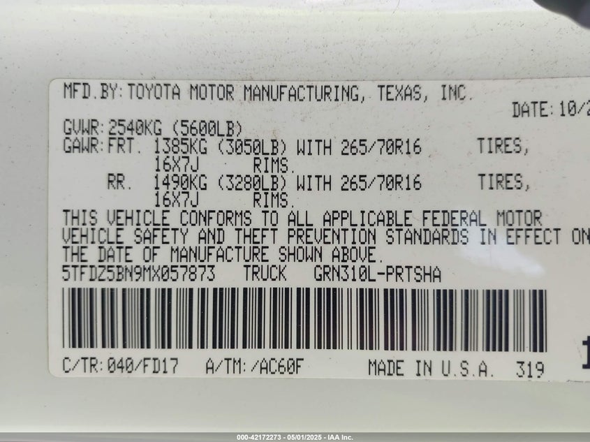 2021 TOYOTA TACOMA 4WD VIN: 5TFDZ5BN9MX057873