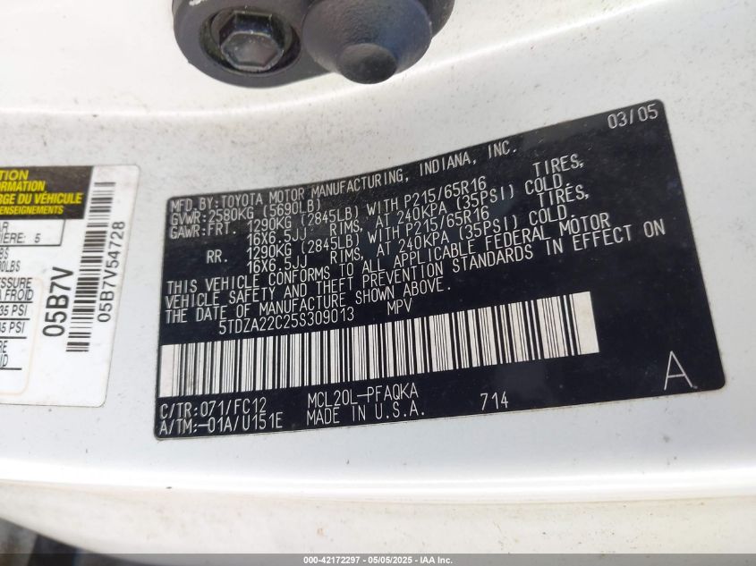 2005 Toyota Sienna Xle VIN: 5TDZA22C25S309013 Lot: 42172297