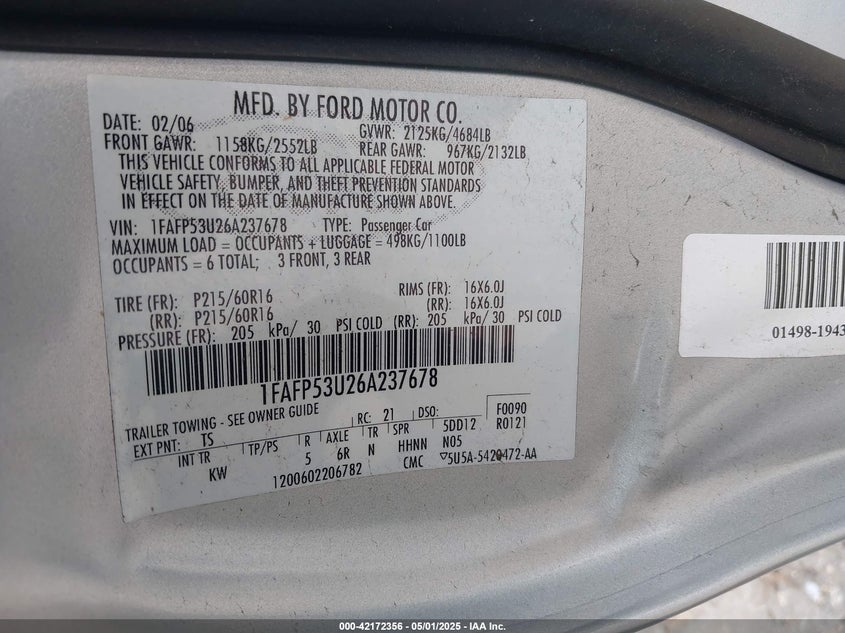 2006 FORD TAURUS VIN: 1FAFP53U26A237678