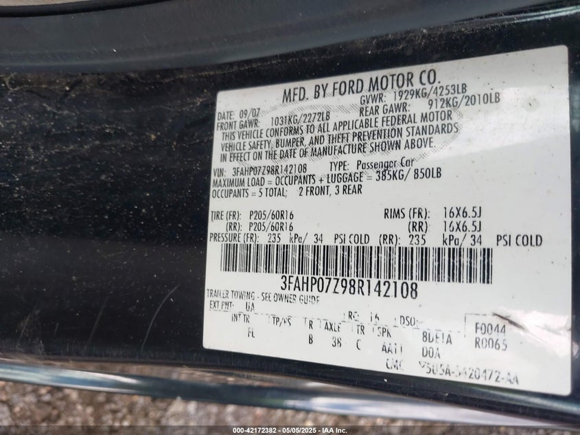 2008 FORD FUSION VIN: 3FAHP07Z98R142108