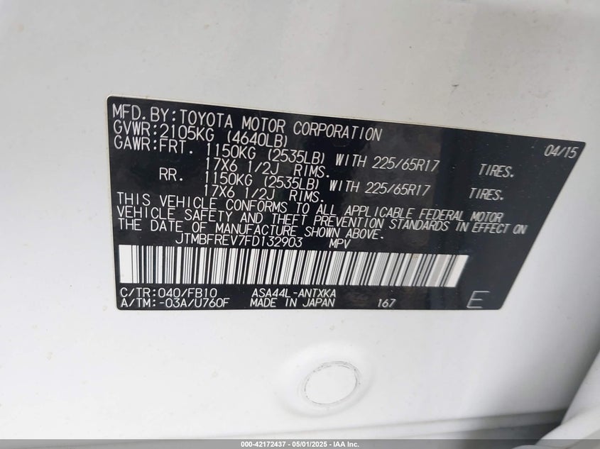 2015 TOYOTA RAV4 LE - JTMBFREV7FD132903