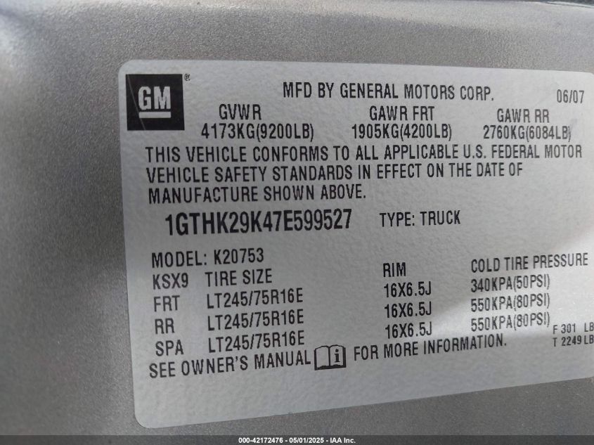 2007 GMC Sierra 2500Hd Sle1 VIN: 1GTHK29K47E599527 Lot: 42172476