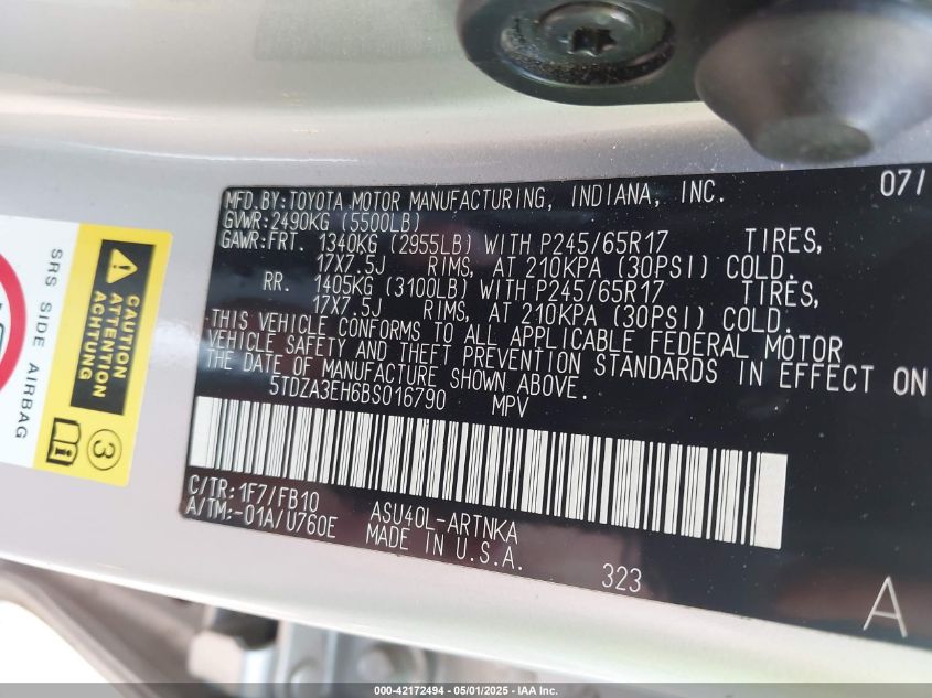 2011 Toyota Highlander VIN: 5TDZA3EH6BS016790 Lot: 42172494