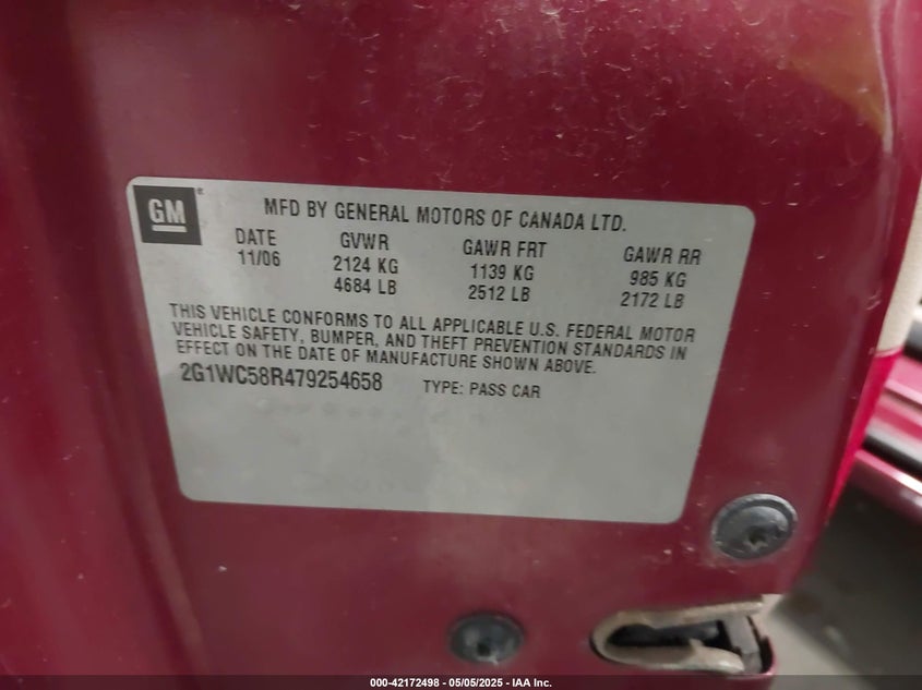 2007 CHEVROLET IMPALA VIN: 2G1WC58R479254658