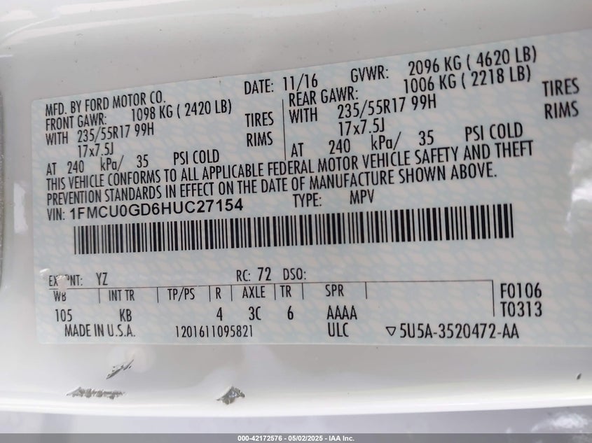 2017 FORD ESCAPE VIN: 1FMCU0GD6HUC27154