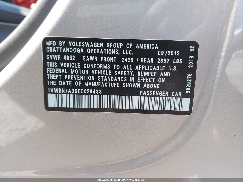 2014 Volkswagen Passat 2.0L Tdi Se VIN: 1VWBN7A35EC028438 Lot: 42172605