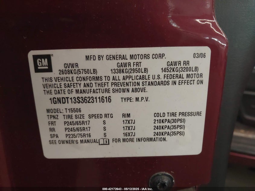2006 CHEVROLET TRAILBLAZER VIN: 1GNDT13S362311616