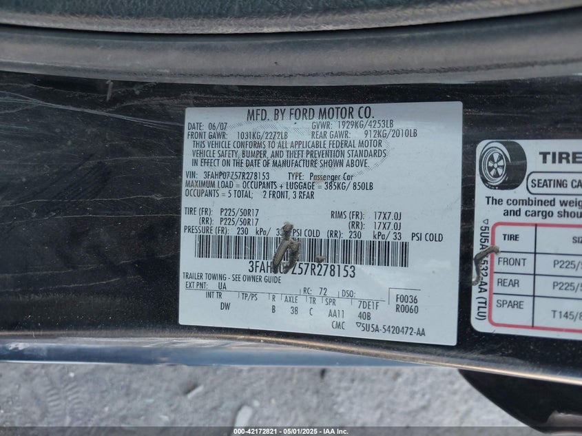 2007 FORD FUSION VIN: 3FAHP07Z57R278153
