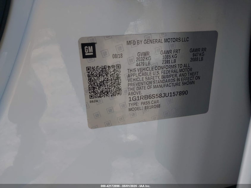 2018 CHEVROLET VOLT VIN: 1G1RB6S58JU157890