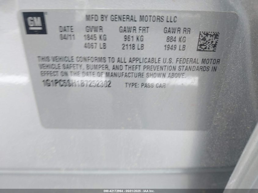 2011 Chevrolet Cruze Ls VIN: 1G1PC5SH1B7252302 Lot: 42172964