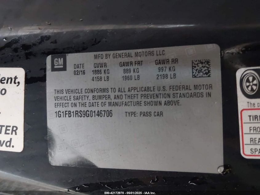 2016 Chevrolet Camaro 1Lt VIN: 1G1FB1RS9G0146706 Lot: 42172978