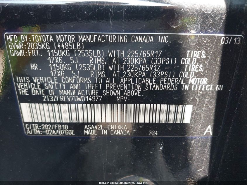 2013 TOYOTA RAV4 LE - 2T3ZFREV7DW014977