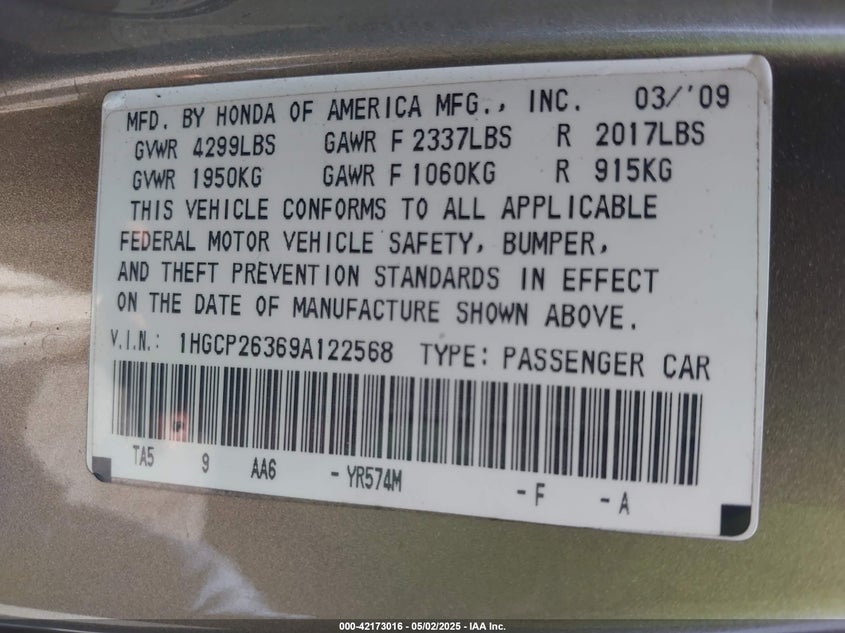 2009 HONDA ACCORD VIN: 1HGCP26369A122568