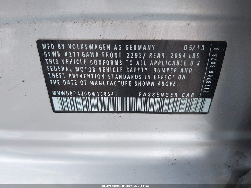 2013 VOLKSWAGEN GOLF VIN: WVWDB7AJ0DW138541