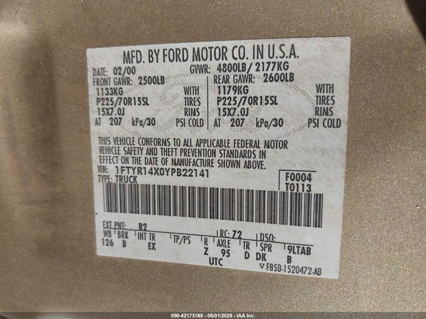 2000 Ford Ranger Xlt VIN: 1FTYR14X0YPB22141 Lot: 42173168