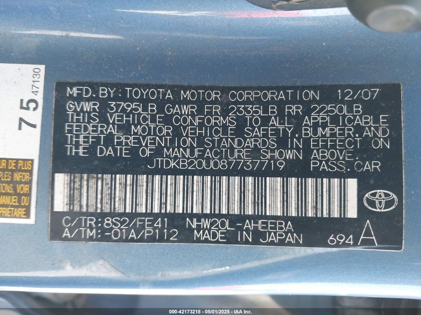 2008 Toyota Prius VIN: JTDKB20U087737719 Lot: 42173218