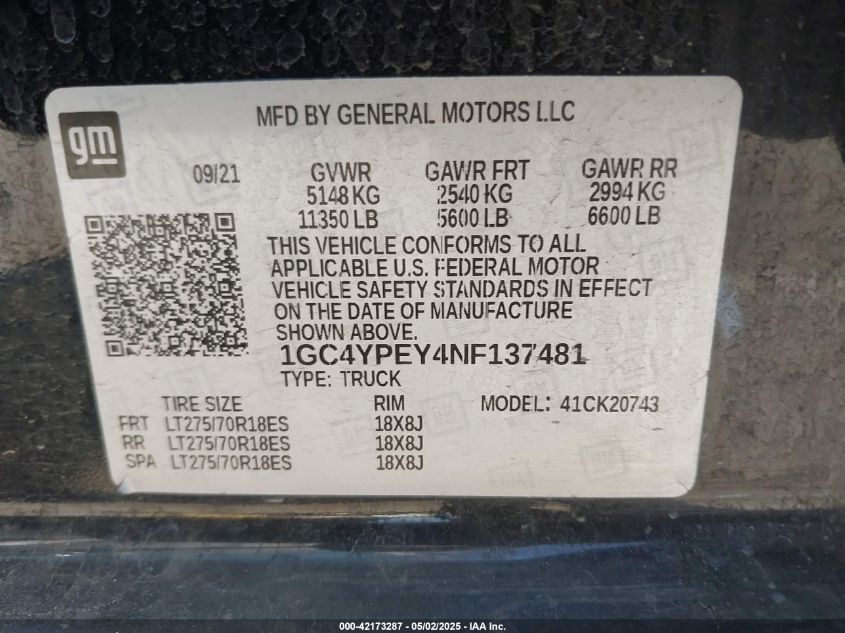 2022 Chevrolet Silverado 2500Hd 4Wd Standard Bed Ltz VIN: 1GC4YPEY4NF137481 Lot: 42173287