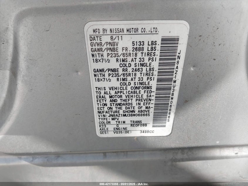 2011 NISSAN MURANO VIN: JN8AZ1MU3BW068665